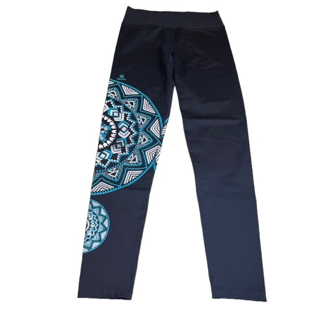 Liquido Wardy Black Leggings With Aqua and White Aztec Graphic Design Large